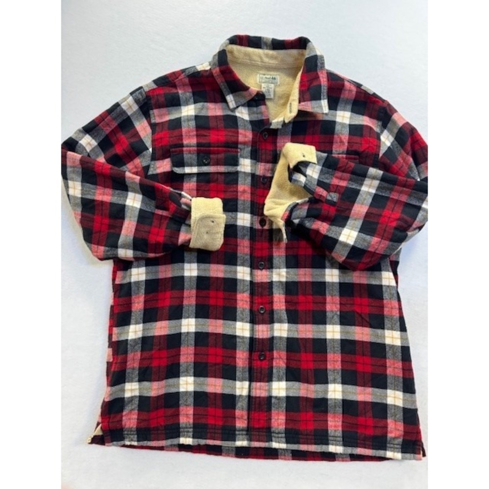 LL Bean Fleece Lined Flannel‎ Shirt Jacket Mens LRG Plaid Button Down Shacket